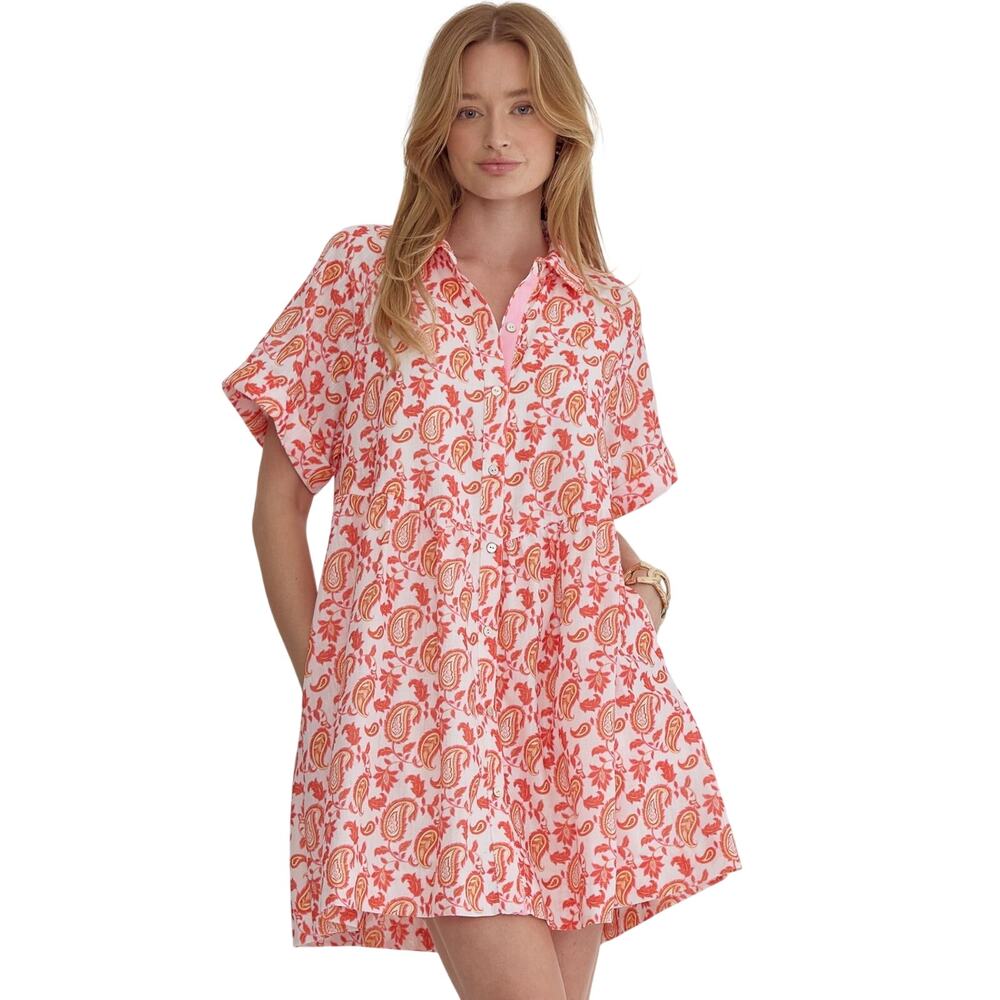 NWT White Orange Paisley Button Front Mini Dress Small